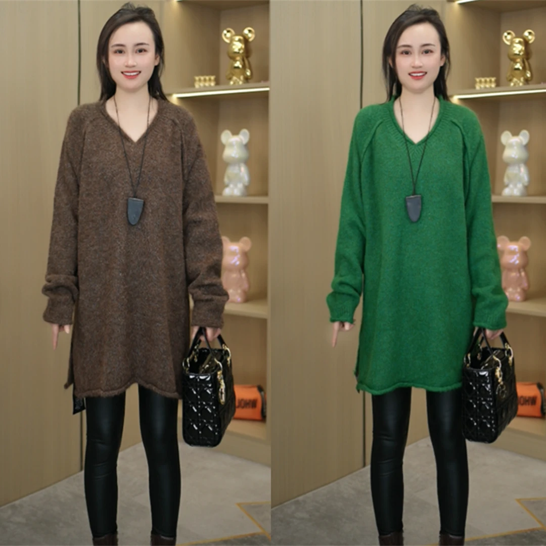 秋冬新款  洋气V领开叉针织上衣时尚显瘦气质韩版慵懒风毛衣