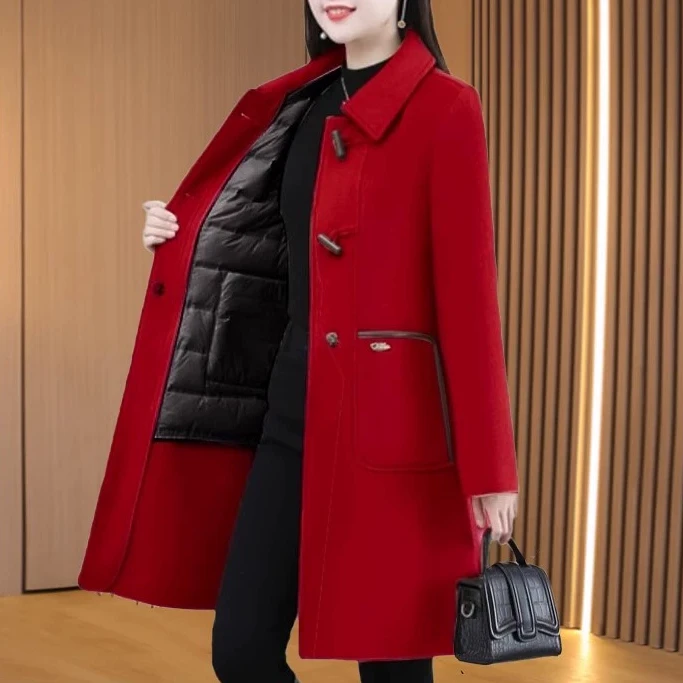 本命年红色九江保暖羽绒服女2025新款冬时尚可拆卸内胆双面呢大衣