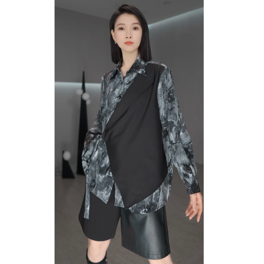 鑫鑫复古高级感显瘦衬衫女薄款不规则拼接设计感小众衬衣2095