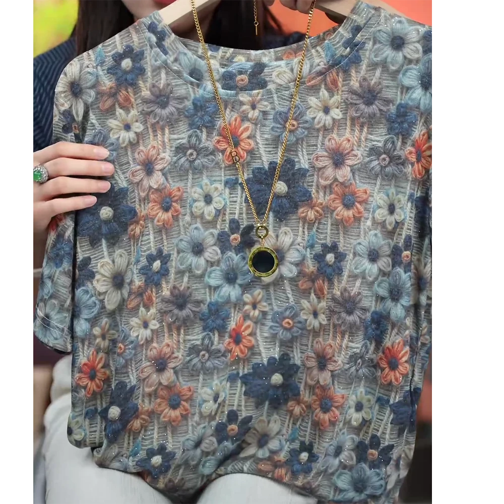 【织蓝】新时尚百搭洋气花色T恤显瘦设计感小衫C5689