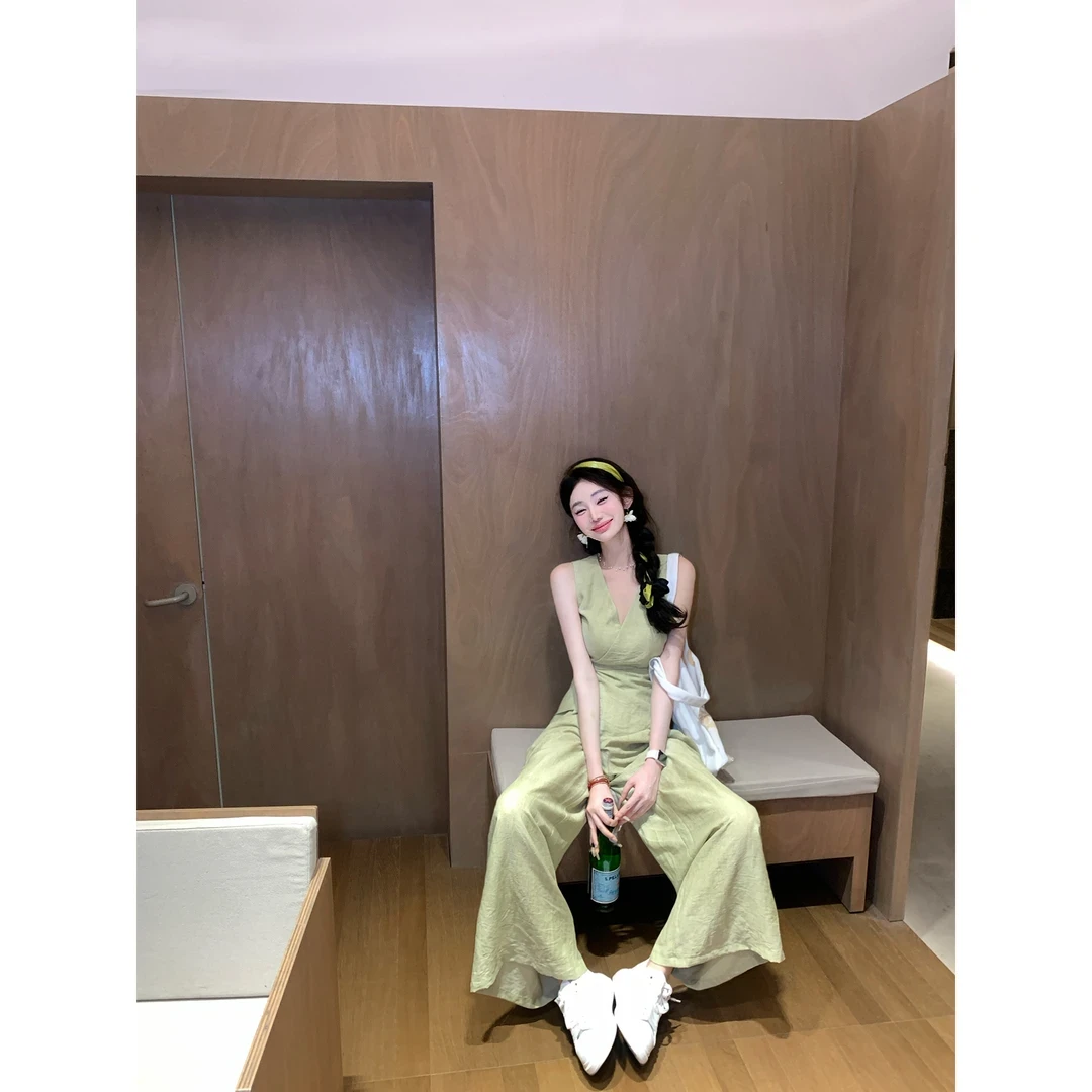 【宠粉专场】森之镜 莫兰迪绿色棉麻长裤显高显瘦裤子DYLL-24066347