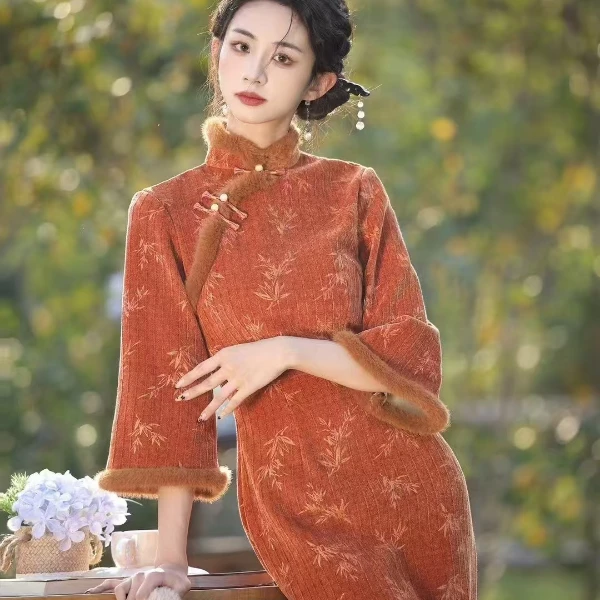 【风清余】冬季新款雪尼尔修身长袖日常气质显瘦时尚加厚加绒旗袍