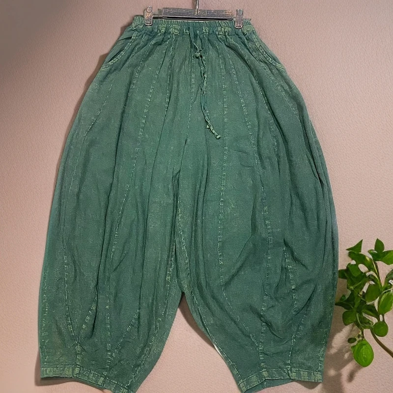 早春款复古做旧亚麻20片拼接南瓜裤休闲百搭炒色设计纯色长裤