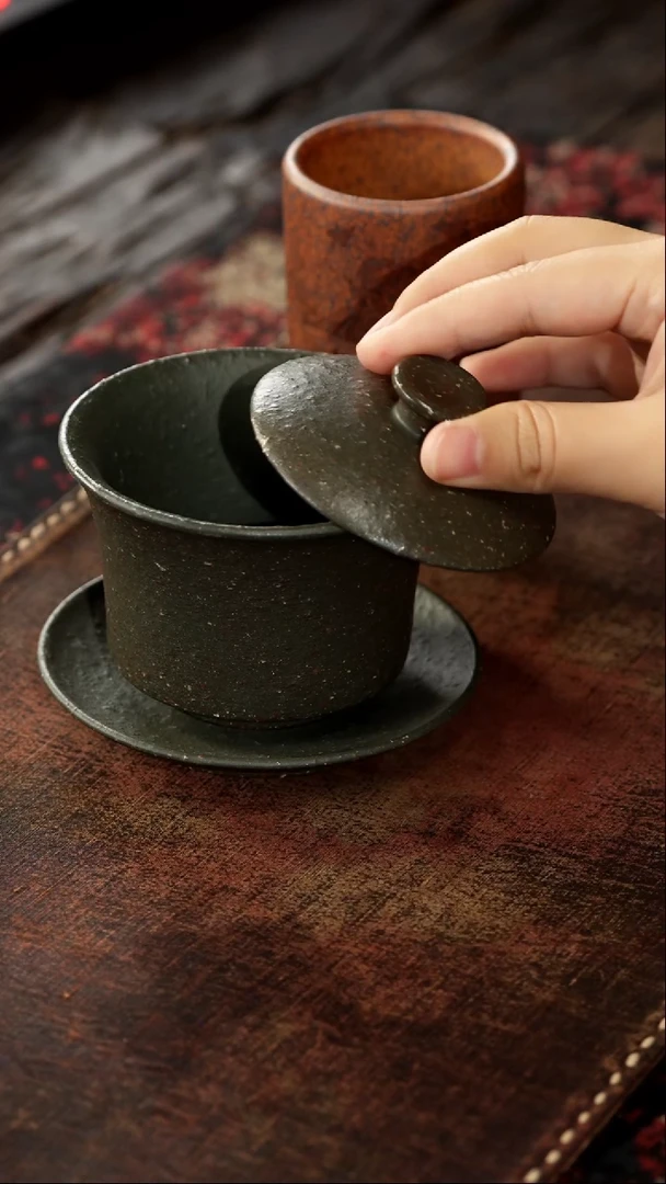 茶杯紫砂非遗茶器-粗砂三才盖碗
