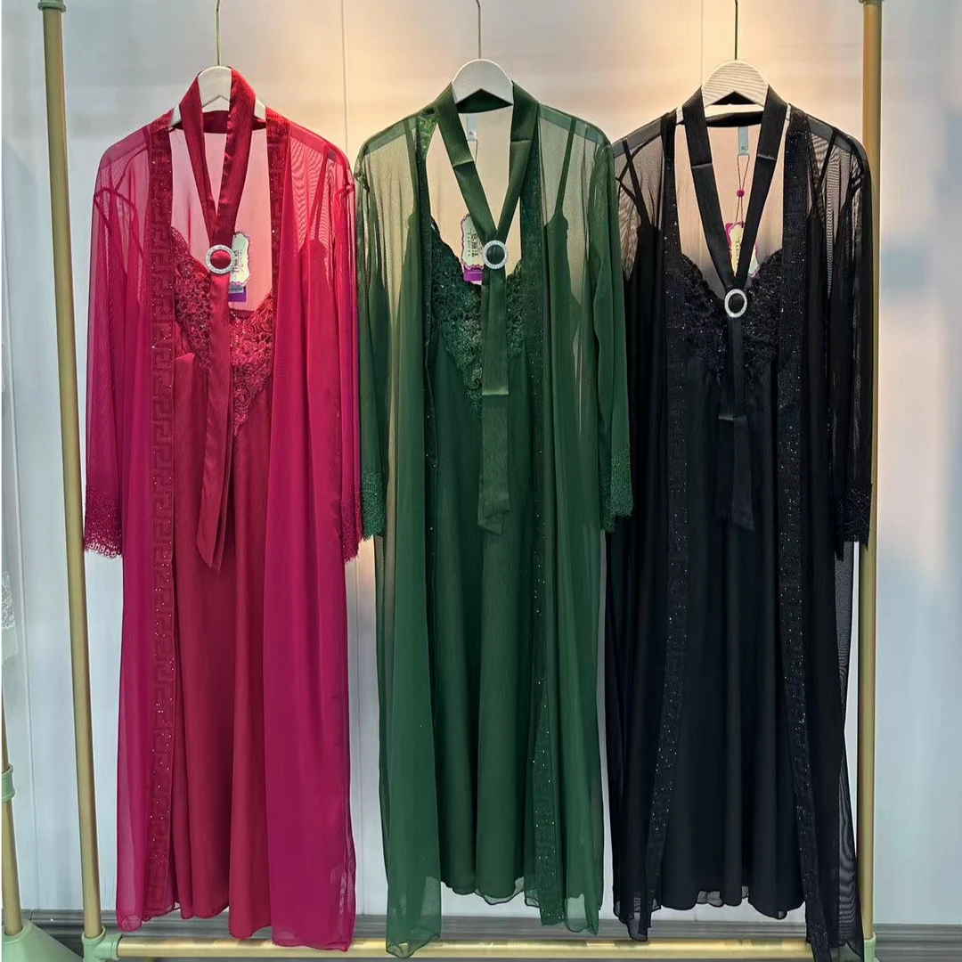 xarifa网纱冰丝烫钻性感刺绣系带睡裙吊带裙加外搭8001