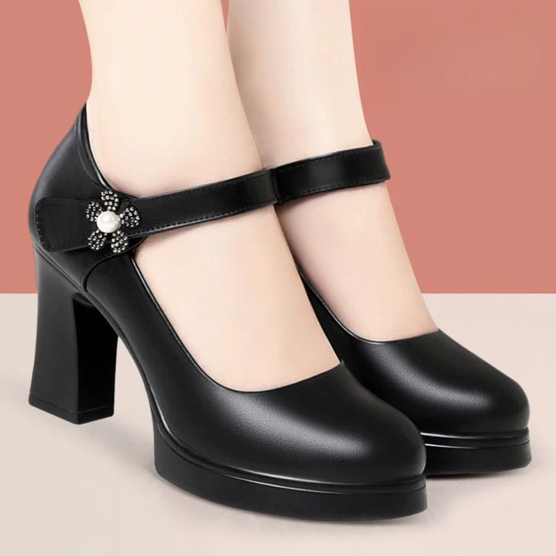 澳曼琳新款走秀高跟鞋女中跟软底跳舞鞋一字扣防水台单鞋女士皮鞋