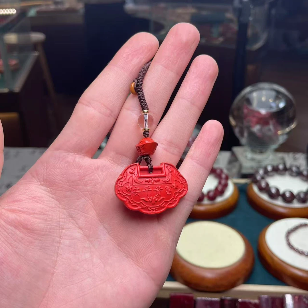 含辰砂工艺品19朱砂长命锁吊坠钥匙挂手机挂小孩戴手工编织