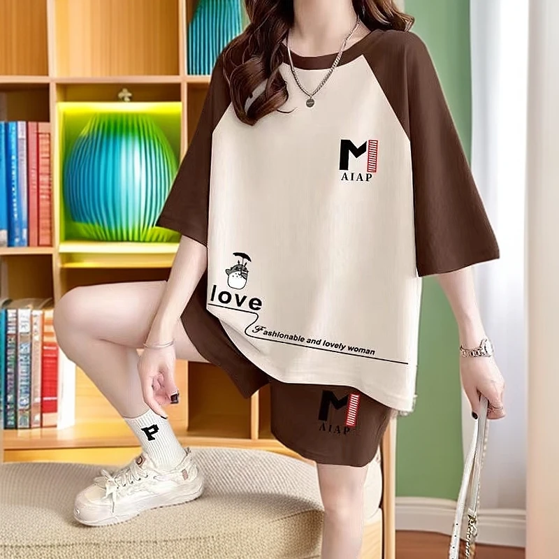 胖妹妹宽松休闲运动套装女夏季新款韩版大码显瘦短袖短裤两件套潮