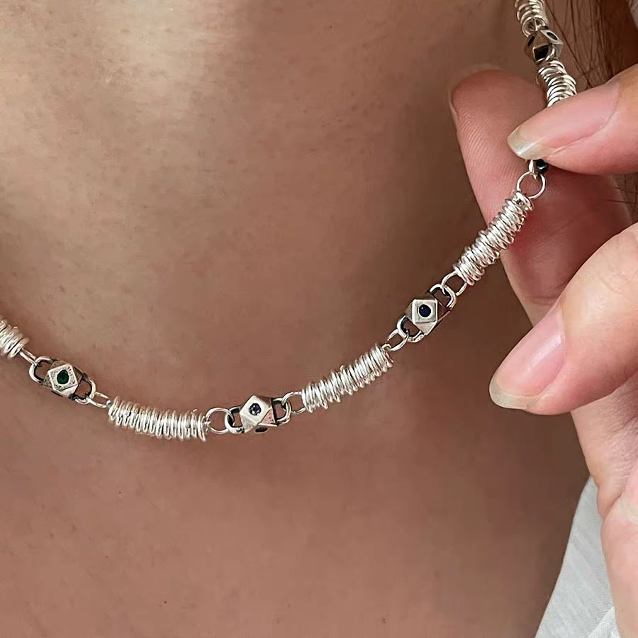 铜合金合成锆石项链 04034大淇原创ins冷淡风小方块法式堆积项链