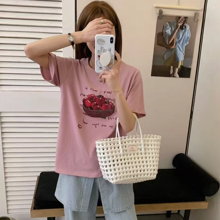 158的小肥 |‘樱桃蝴蝶扣’ 休闲百搭显瘦甜美ins风运动T恤