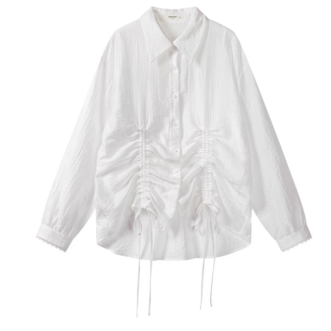 羊城故事-白色抽绳翻领长袖衬衫女宽松轻薄防晒衬衣Y50651051