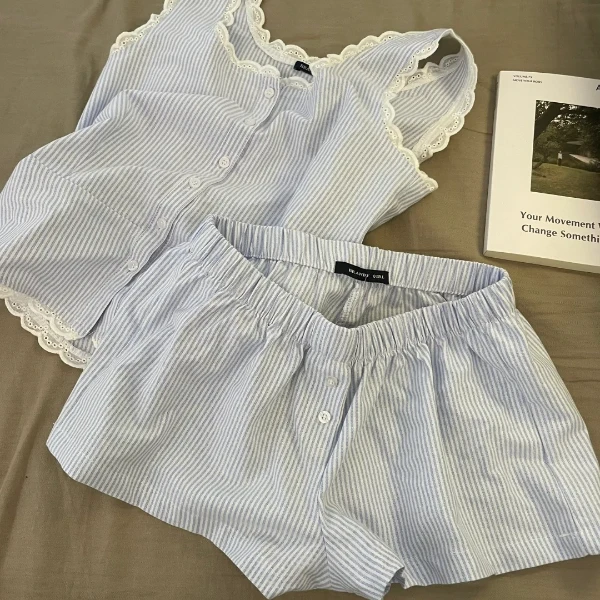 【DSYJ大睡衣家】简约韩版甜美条纹花边睡衣女夏季款吊带家居服套装
