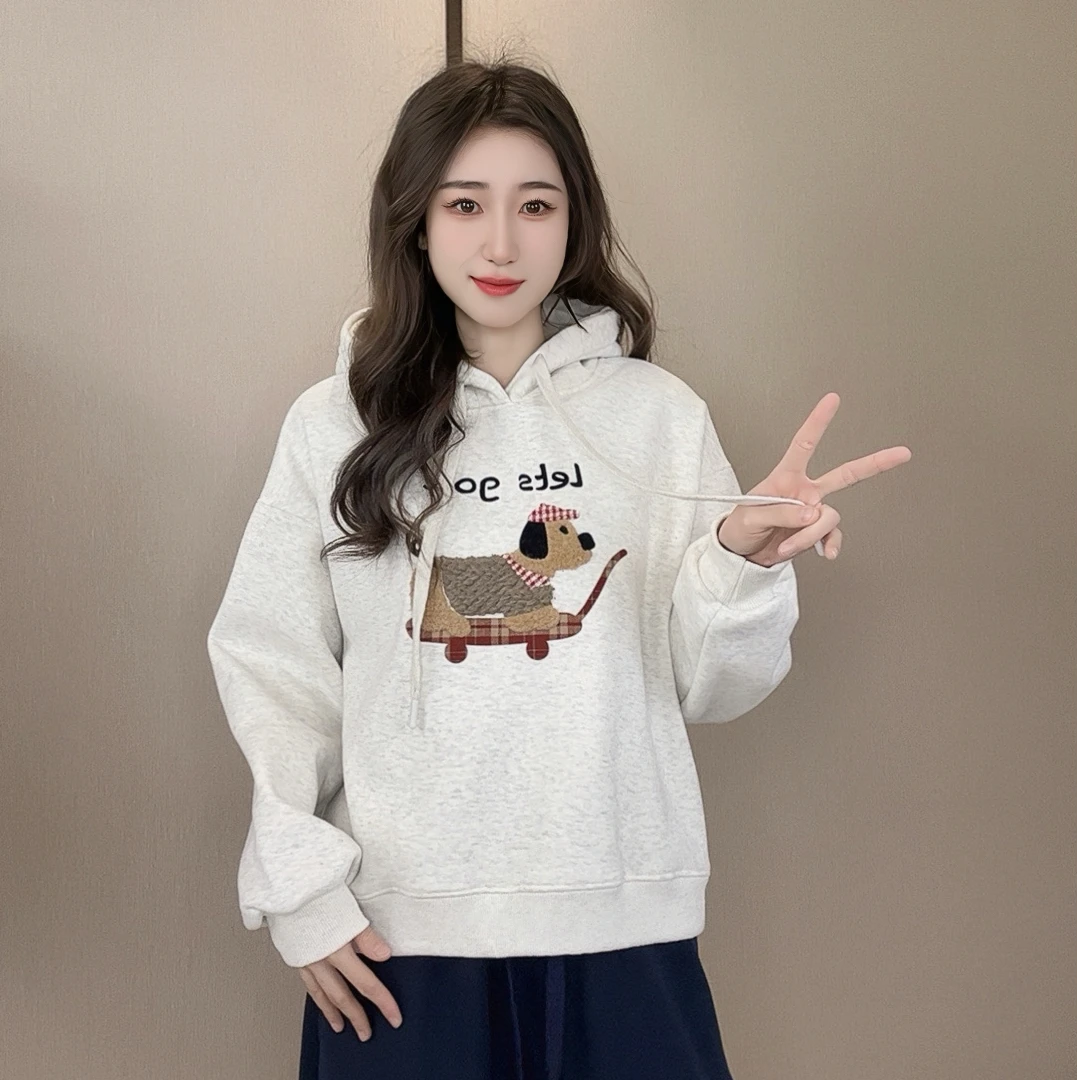 毛巾绣小狗卫衣帽衫加绒时尚休闲百搭连帽宽松加厚印花秋冬韩版