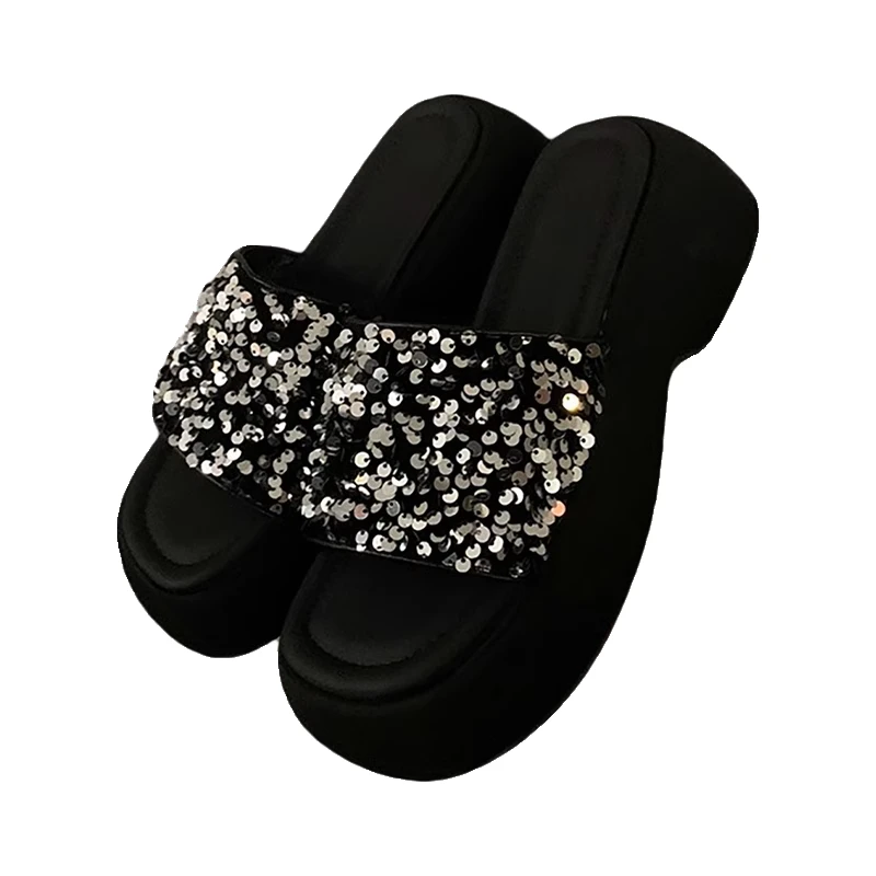 防滑黑色松糕厚底水钻字母一字拖鞋裙子子2025夏季沙滩感凉拖凉鞋