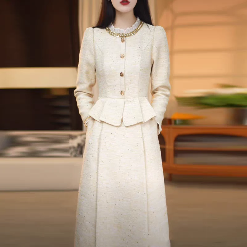 高级小香风编织精纺气质洋气礼服裙2025秋季新款假俩件女装裙子女