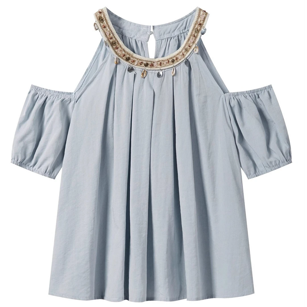 羊城故事【小5】波西米亚镂空挂脖衬衫贝壳露肩宽松遮肉衬衣8135