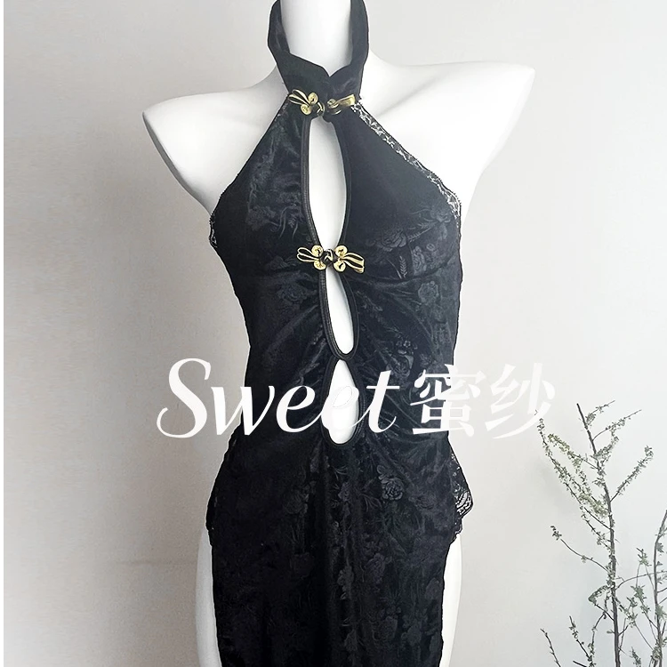 性感睡衣MM黑色女蕾丝旗袍复古高开叉绑带时尚制服纯欲紧身包臀裙
