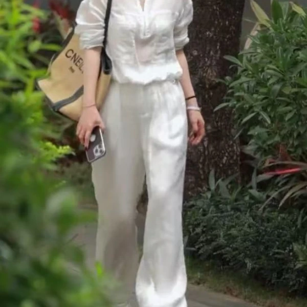 高端优雅时尚百搭气质圆领拉链小衫上衣配纯色显瘦阔腿裤两件套女