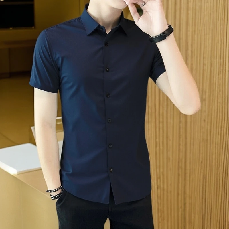 夏天休闲无痕衬衫免烫氨纶高弹时尚衬衣修身韩版商务潮流高端薄LB