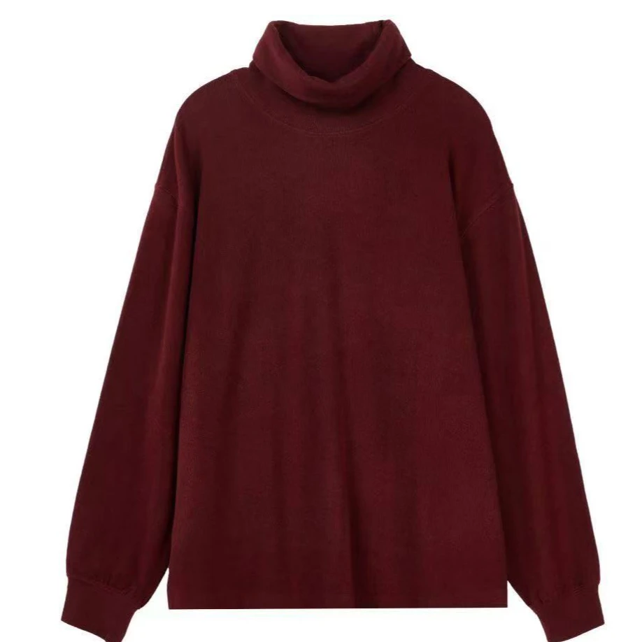 纯色简约百搭高领软弹磨毛长袖T恤宽松显瘦打底女