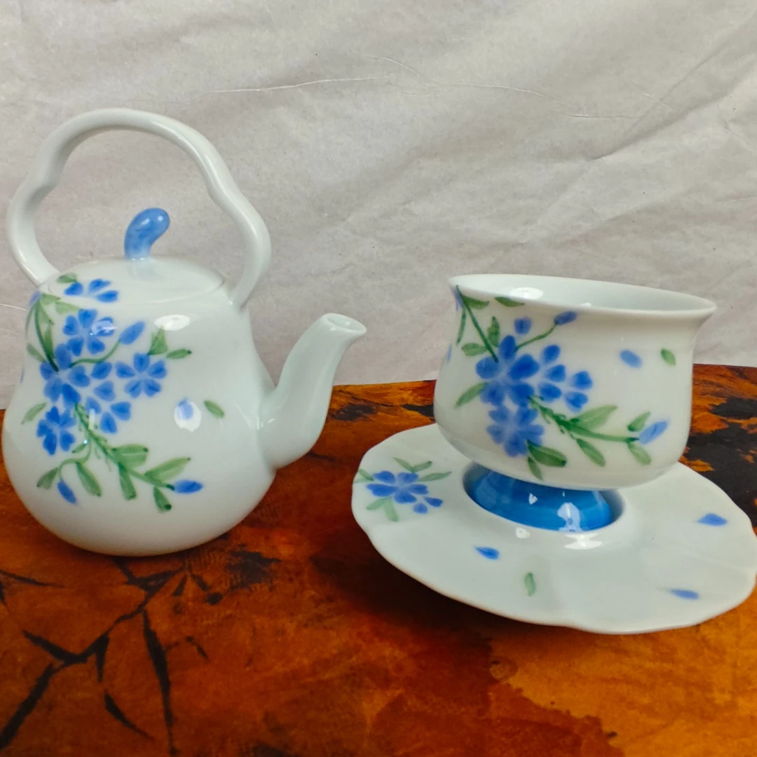 苍蓝釉白瓷下彩茶具陶瓷缠枝手工提梁壶一壶一杯一杯垫0510家用