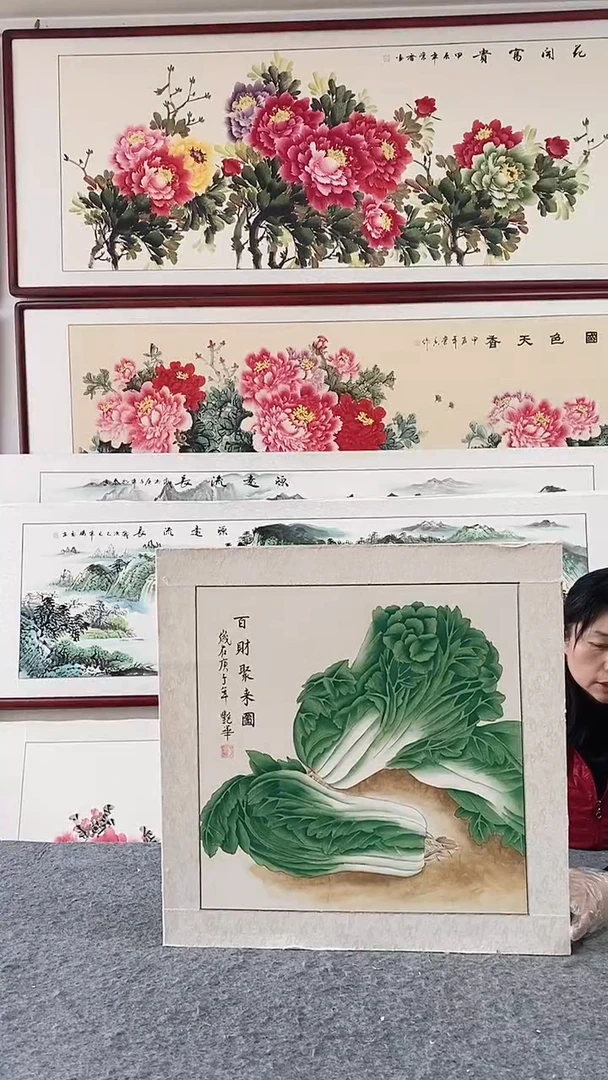 国画实木画框65*65带框纯手绘国画