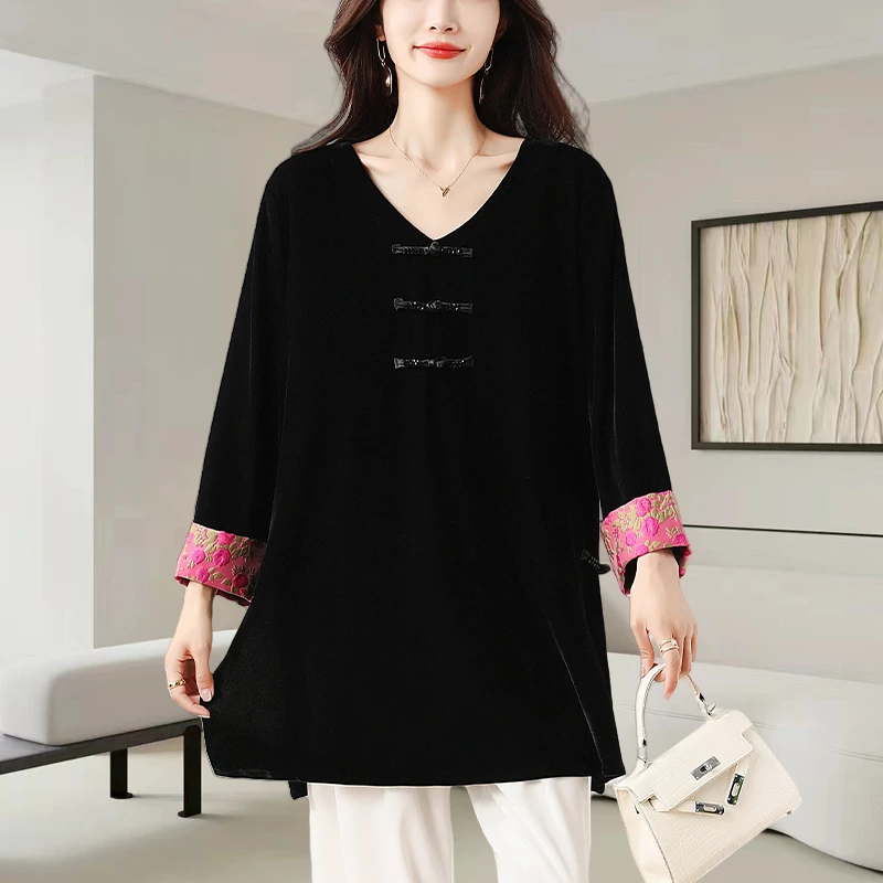 新中式国风盘扣拼接衬衫女2025秋季新款宽松显瘦刺绣丝绒拼接上衣