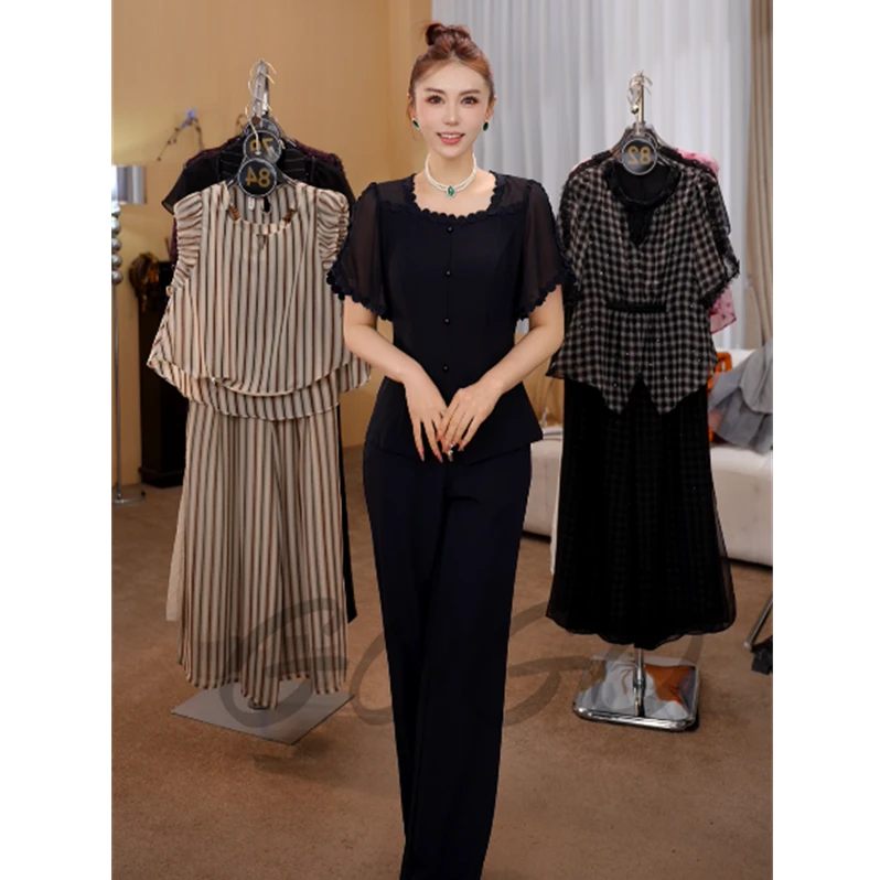 G6855时尚气质女士套装2025年夏季新款显瘦短袖垂感阔腿裤两件套