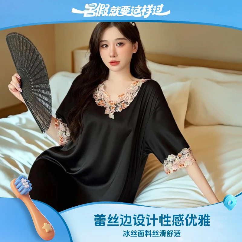 薄款青年女性夏季蕾丝短袖女睡裙国风夏天春夏甜辣风宽松性感睡衣