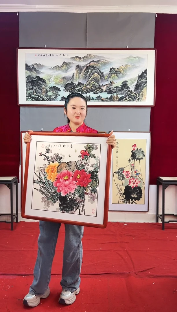 国画手绘牡丹63*63尺寸福利