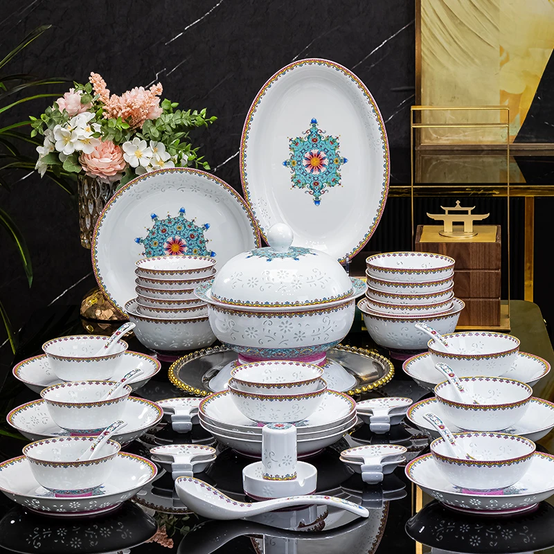 景德镇陶瓷高端餐具玲珑珐琅彩轻奢碗碟套装家用乔迁新居结婚礼物
