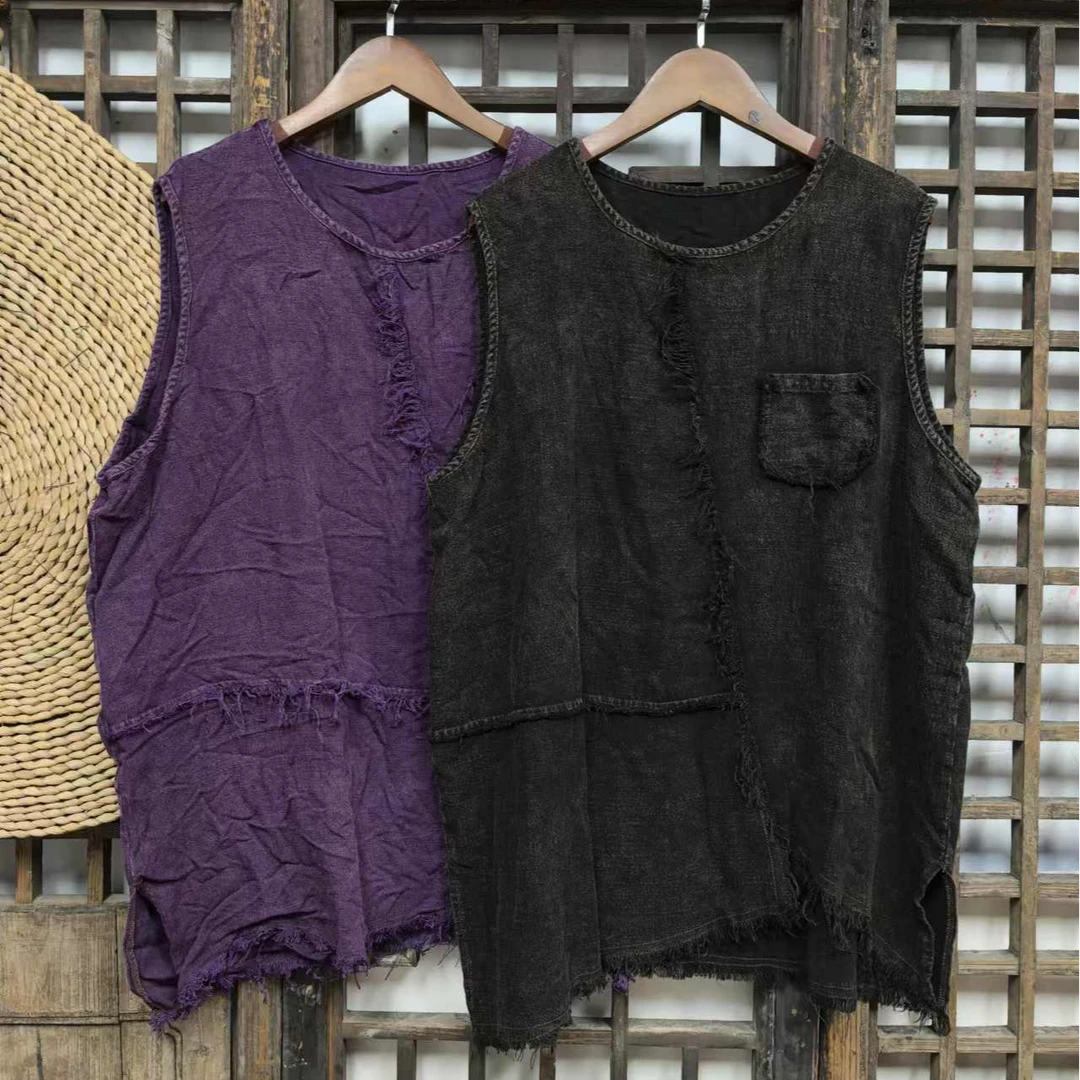 8063复古百搭亚麻无袖拼接做旧女士马夹（衣长69胸围130）