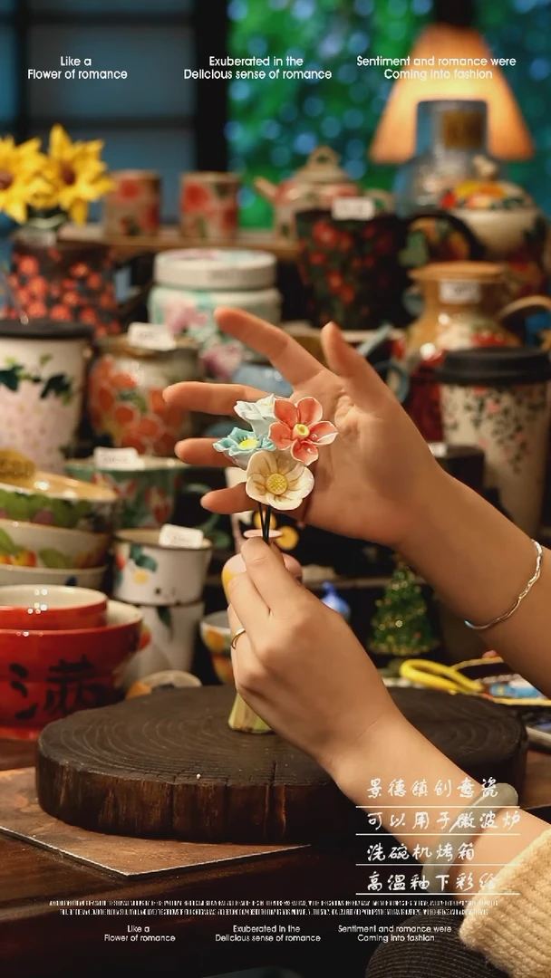 陶瓷随机三朵景德镇高温釉下彩手工手绘款式