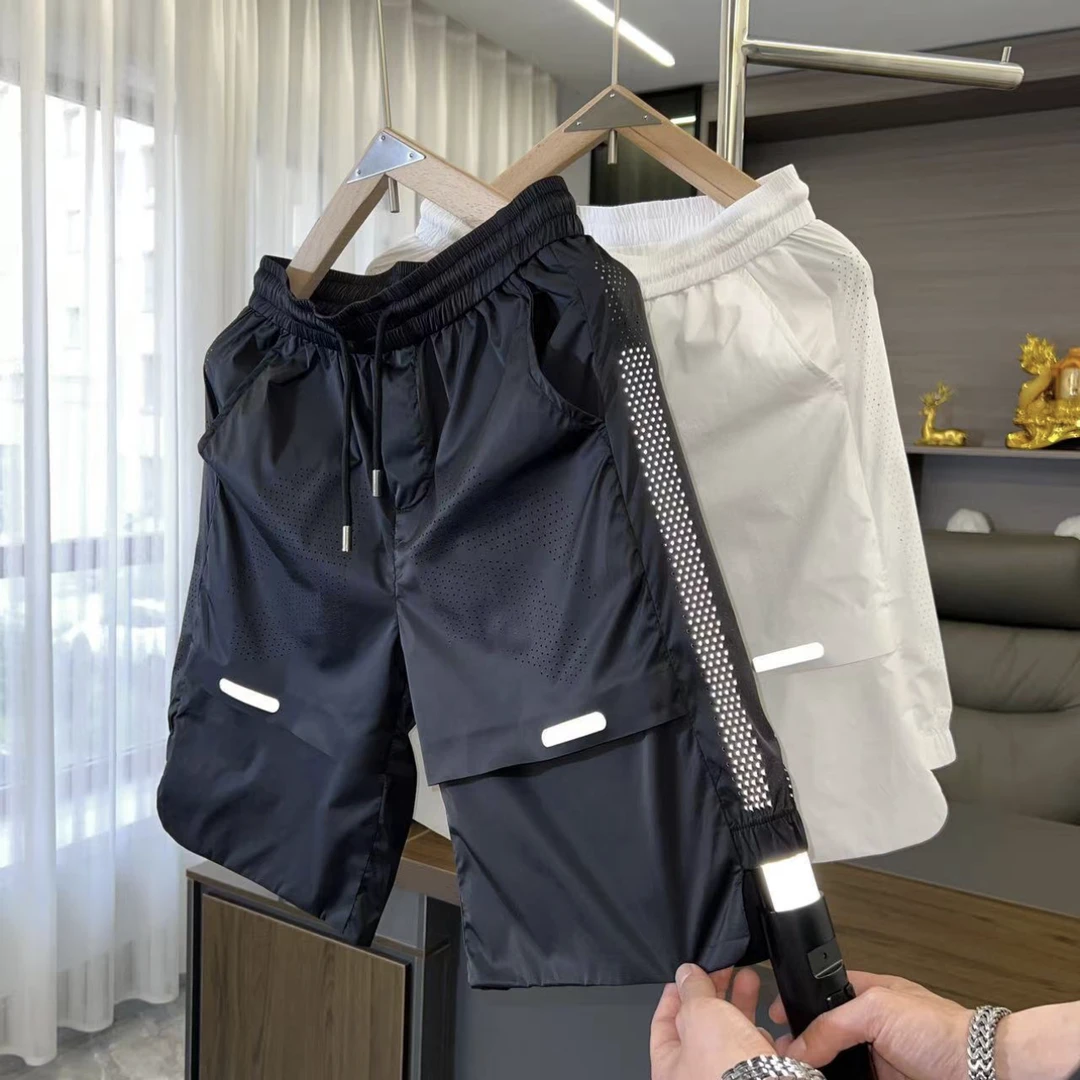 纯色简约休闲短裤男痞帅潮牌夏季新款网孔透气速干弹力冰丝五分裤