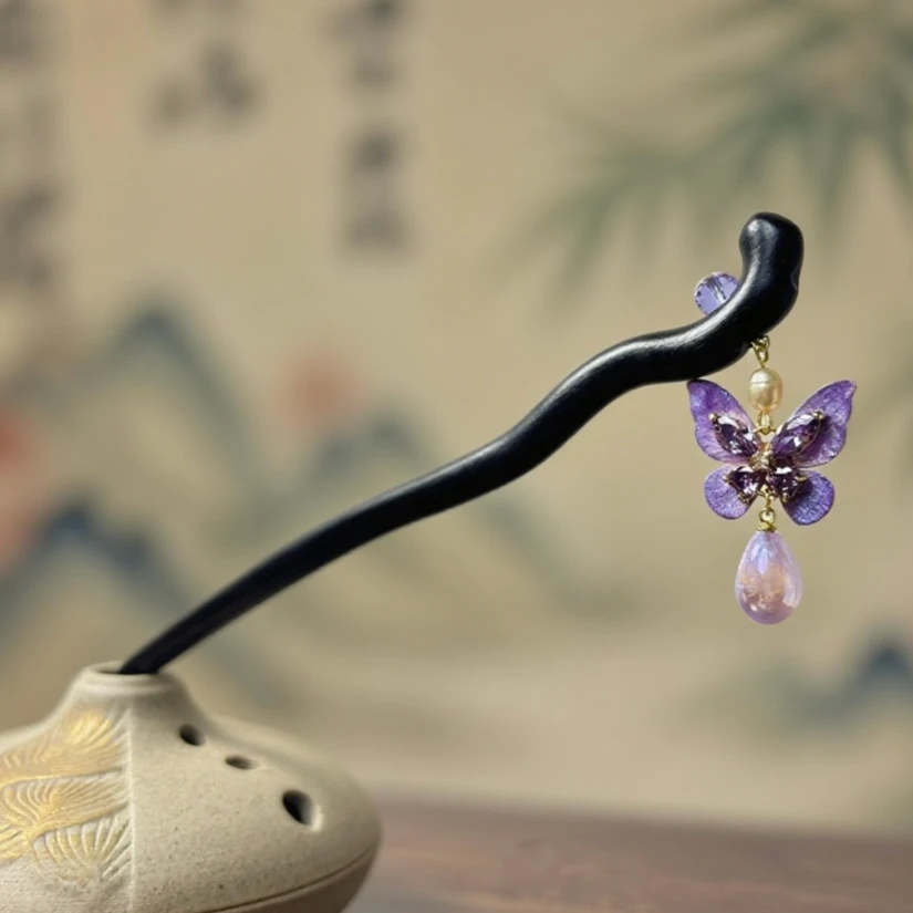 非遗桑蚕丝绒花檀木发簪新中式气质典雅手工盘发簪紫色百搭簪温柔