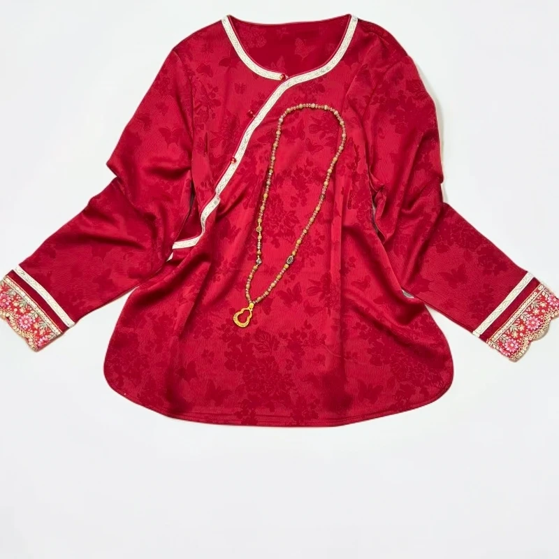 新年红色国风新中式刺绣编织长袖四季款百搭斜襟长袖上衣5558