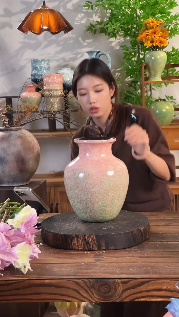 【绿脂凝春-大号胖肚瓶】无孔水培桌面陶瓷花瓶鲜花干花插花花器