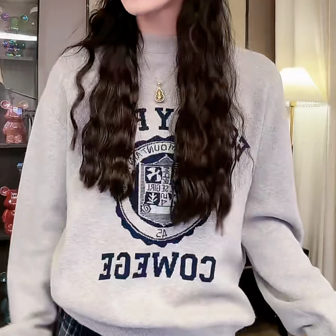 设计感字母徽章印花圆领卫衣女秋季休闲宽松套头灰色长袖T恤