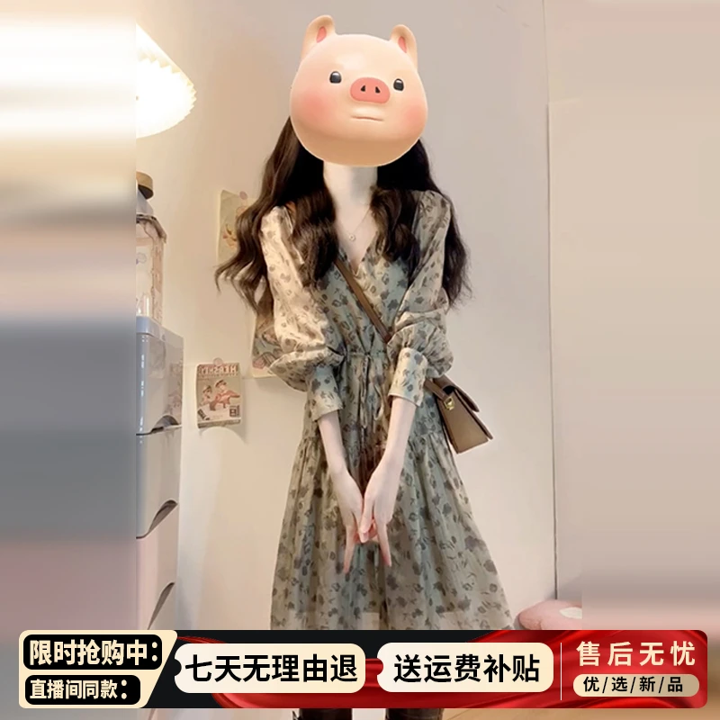 法式v领碎花长袖连衣裙春款2025新款爆款设计小众小裙子气质女装