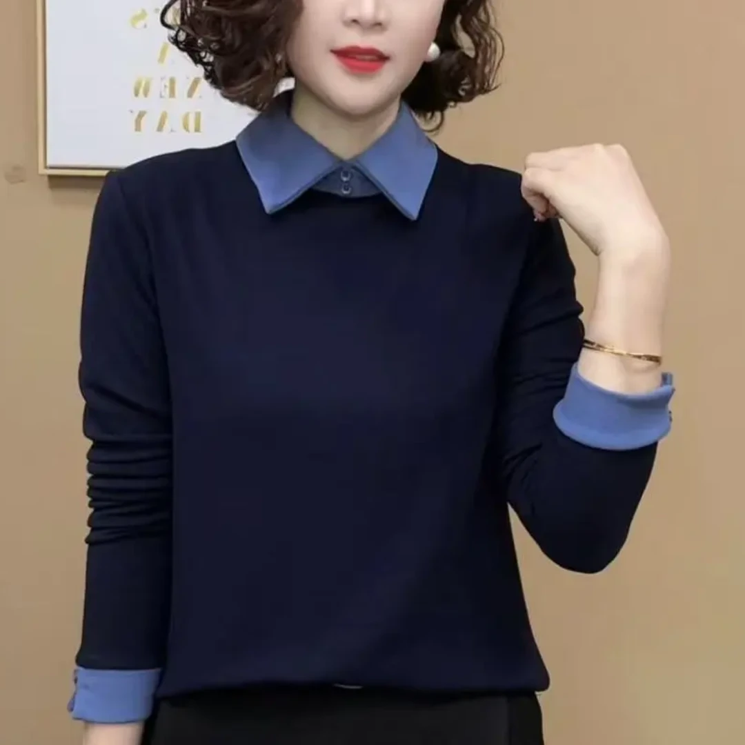 冬季新品时尚百搭修身显瘦娃娃领拼色打底衫女士上衣休闲减龄小衫