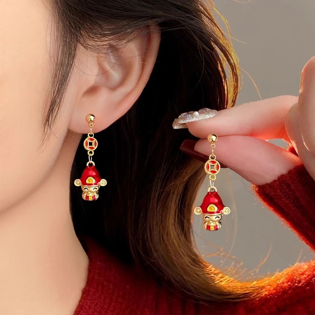 铜合金耳饰 过年喜庆财神红色耳环女适合冬天的耳饰新年时尚耳钉