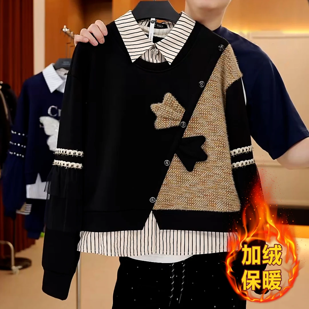 设计感拼接假两件翻领卫衣女2025秋冬宽松显瘦加绒保暖长袖上衣潮