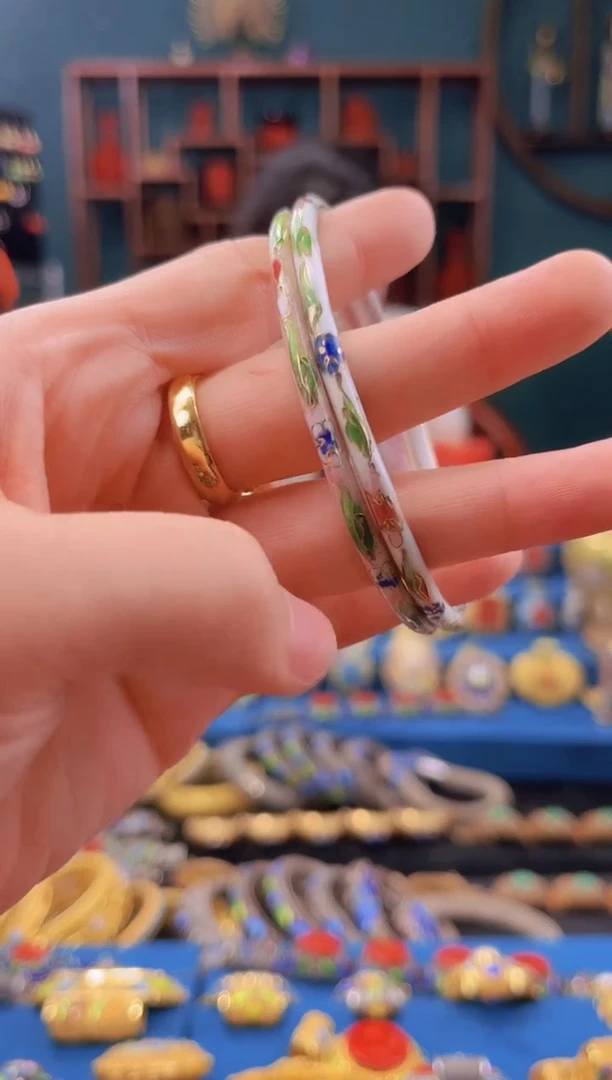 非遗景泰蓝叮当镯 一对 粉白