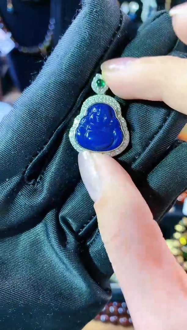 【闪购商品】琥珀珠宝奇石银S925镶嵌多米尼加皇家蓝弥勒佛吊坠