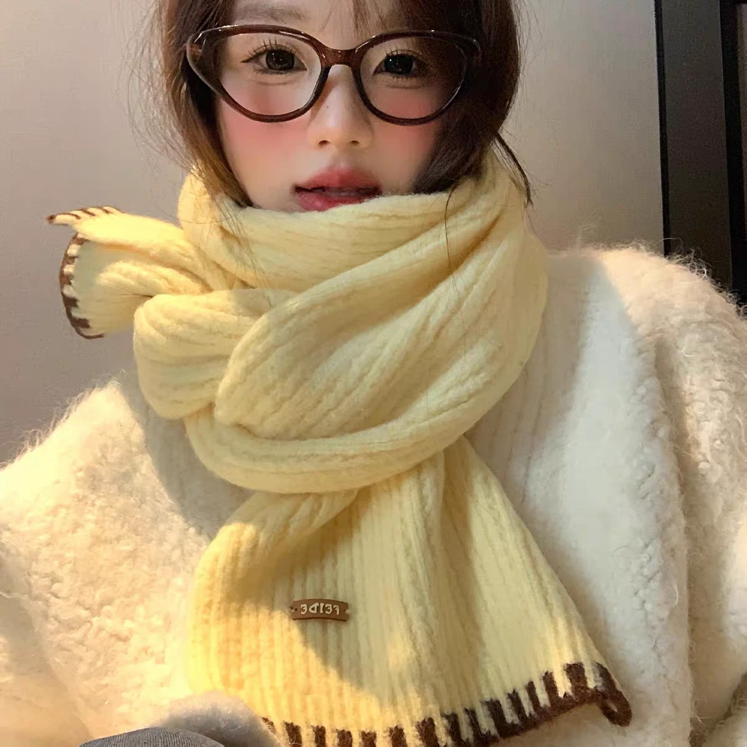 黄色针织毛线围巾女秋冬韩系高级感条纹百搭加厚保暖护颈围脖学生