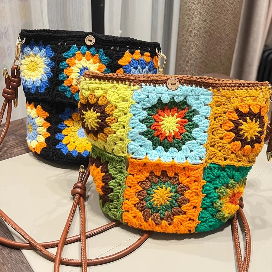 手工DIY钩织梵高向日葵桶包编织diy材料包祖母格毛线包包成品
