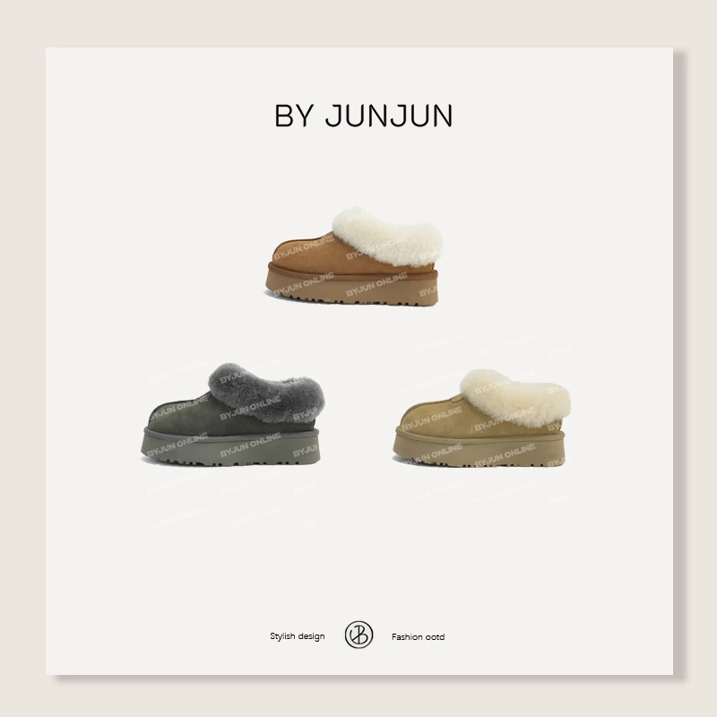 BYJUNJUN【厚底塔茨特】真皮皮毛一体半拖雪地鞋毛绒保暖雪地靴