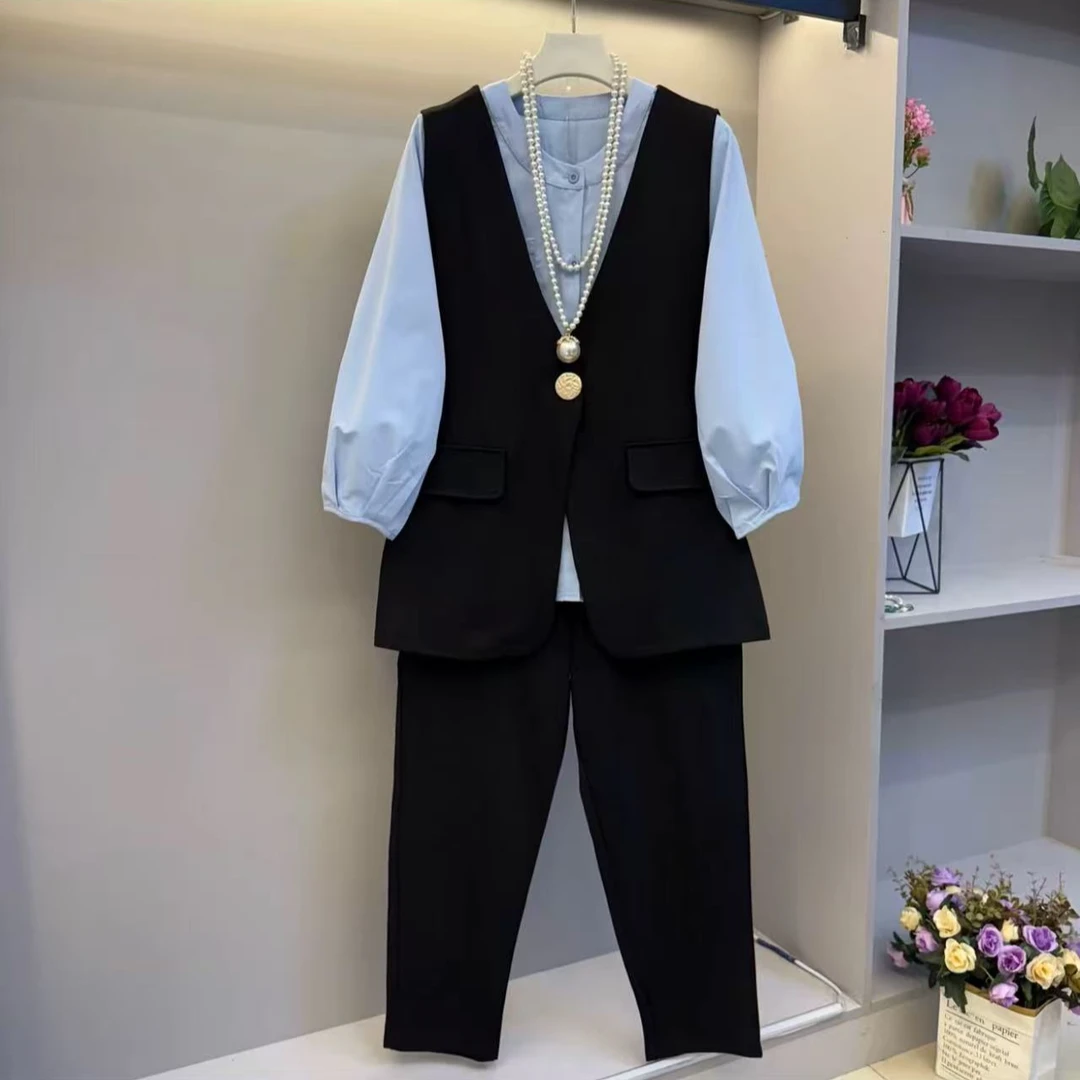 时尚洋气冬装新款大码女装马甲三件套套装