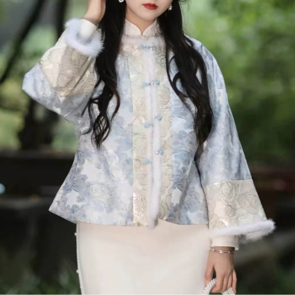 中国风秋冬夹棉唐装女新中式倒大袖保暖棉服2024D3349