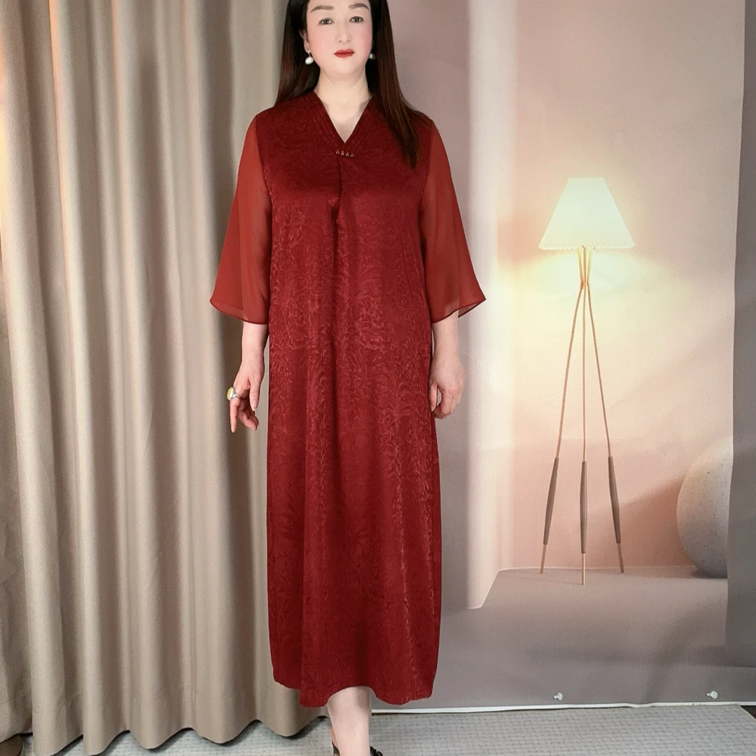 【V领提花】夏季花萝透气凉爽纱袖气质大码纯色显档次妈妈装连衣裙